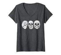 Femme Crânes Gothiques « Hear See Speak No Evil » T-Shirt avec Col en V, Chiné Foncé, L