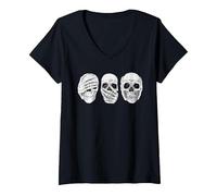 Femme Crânes Gothiques « Hear See Speak No Evil » T-Shirt avec Col en V, Noir, S