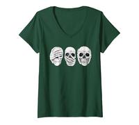 Femme Crânes Gothiques « Hear See Speak No Evil » T-Shirt avec Col en V, Vert Forêt, M