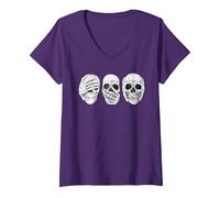 Femme Crânes Gothiques « Hear See Speak No Evil » T-Shirt avec Col en V, Violet, L
