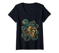 Femme Crânes Octopus Astronaute Deep Sea Space Kraken Halloween T-Shirt avec Col en V