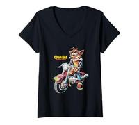 Femme Crash Bandicoot Vintage Biker Scene Motorcycle Video Game T-Shirt avec Col en V