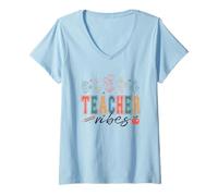 Femme Crayon Fleur Apple Teacher Vibes T-Shirt avec Col en V