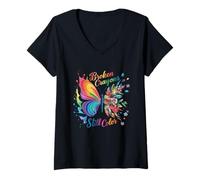Femme Crayons cassés Still Colors Mental Health Rainbow Butterfly T-Shirt avec Col en V