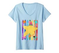 Femme Crayons colorés Crayon étoiles pour la rentrée Scolaire T-Shirt avec Col en V