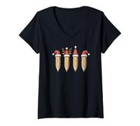 Femme Crayons Mignons Chapeaux de Noël pour Professeur T-Shirt avec Col en V