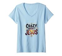 Femme Crazy About Jesus I Love Jesus Expression de Foi vibrante T-Shirt avec Col en V, Bleu Céleste, M