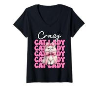 Femme Crazy Cat Lady Chat Perse Fille Chat Maman Rose Coquette Bow T-Shirt avec Col en V