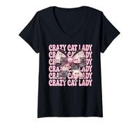 Femme Crazy Cat Lady Chat Perse Fille Chat Maman Rose Coquette Bow T-Shirt avec Col en V