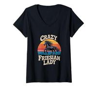 Femme Crazy Friesian Lady Friesian Horse Retro Equestre T-Shirt avec Col en V
