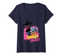 Femme Crazy Frog Retro années 80 Coucher de Soleil Plage T-Shirt avec Col en V