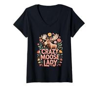 Femme Crazy Moose Lady Floral Bois de Bois Amoureux de la Nature Animal de la forêt T-Shirt avec Col en V