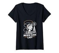 Femme Crazy Morse and Code Lady Opérateur Radio Amusant T-Shirt avec Col en V