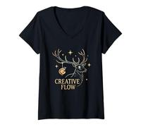 Femme Creative Flow Cerf Mystique Artiste Peintre céleste T-Shirt avec Col en V