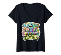 Femme Créature pour Enseignant de Maternelle - Monstre drôle - Éducateur Mignon T-Shirt avec Col en V