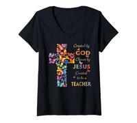 Femme Créé par Dieu appelé à enseigner la croix papillon chrétienne T-Shirt avec Col en V