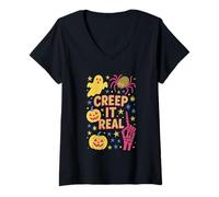 Femme Creep It Real Ghost Squelette Citrouille T-Shirt avec Col en V
