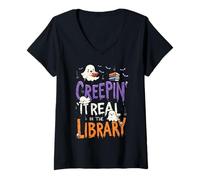 Femme Creepin It Real in The Library Funny Bookworm Halloween T-Shirt avec Col en V