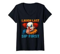 Femme Creepy Clown Coffee Meme - Riez d'abord avec la dernière gorgée T-Shirt avec Col en V