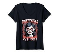 Femme Creepy Girls Do It Best Sugar Skull Halloween Horreur Horreur T-Shirt avec Col en V