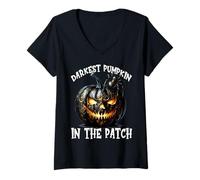 Femme Creepy Halloween Graphic for Darkest Pumpkin in The Patch T-Shirt avec Col en V