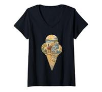 Femme Crème glacée Été Dessert Collage Art Méditerranéen Côtier T-Shirt avec Col en V