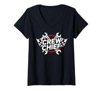 Femme Crew Chief Racing Pit Crew Wrenches Checkered Flag T-Shirt avec Col en V