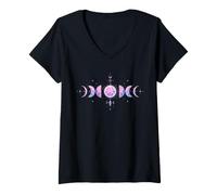 Femme Cristal Pastel Phases de Lune Astrologie esthétique céleste T-Shirt avec Col en V