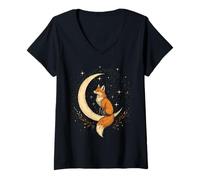 Femme Cristaux mystiques Vintage en Forme de Lune de Renard et Fleurs T-Shirt avec Col en V