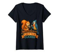 Femme Critter Clicker Écureuil Oiseau Photographie Amusant T-Shirt avec Col en V