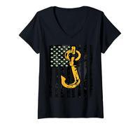 Femme Crochet Drapeau américain Ouvrier Industriel T-Shirt avec Col en V