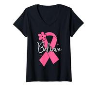 Femme Croire à la Sensibilisation des survivantes du Cancer du Sein T-Shirt avec Col en V
