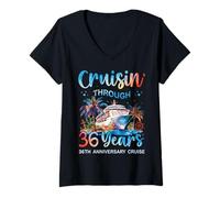 Femme Croisière à Travers 36 Ans, 36e Anniversaire, Voyage en Couple T-Shirt avec Col en V