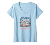 Femme Croisière en Yacht et Rock à Dockside Daydreamin, Ambiance rétro au Coucher du Soleil T-Shirt avec Col en V
