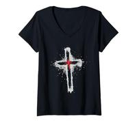 Femme Croix chrétienne à Travers la Pierre inspirée de la Foi Religieuse T-Shirt avec Col en V