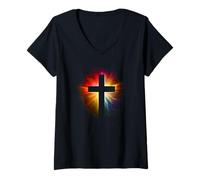 Femme Croix de Couleur éclatante de Jésus-Christ, Foi chrétienne T-Shirt avec Col en V