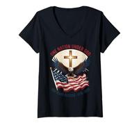 Femme Croix de Drapeau One Nation Under God Eagle 250 Years Blessed T-Shirt avec Col en V