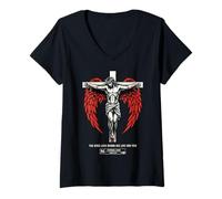 Femme Croix de Jésus Chrétien Ailes d'ange John 3:16 Verse de la Bible Art T-Shirt avec Col en V