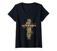 Femme Croix de Jésus Versets bibliques dorés Foi chrétienne T-Shirt avec Col en V
