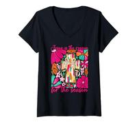 Femme Croix de Noël chrétienne colorée Style bohème Floral Foi T-Shirt avec Col en V