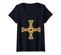 Femme Croix de Saint Cuthbert Pectoral évangile catholique Saint T-Shirt avec Col en V