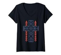 Femme Croix du Sud-Ouest Spirituel Amérindien Chrétien T-Shirt avec Col en V