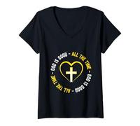 Femme Croix en Forme de cœur avec Inscription « God is Good All The Time » T-Shirt avec Col en V