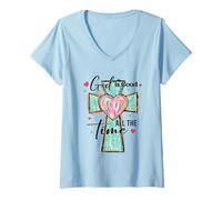 Femme Croix en forme de cœur « God Is Good All The Time » T-Shirt avec Col en V
