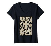 Femme Croix Florale bohème rétro Foi chrétienne T-Shirt avec Col en V