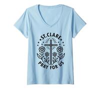 Femme Croix Florale catholique Sainte Claire d'Assise Prie pour Nous T-Shirt avec Col en V