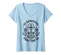 Femme Croix Florale Saint Geneviève Prie for Us T-Shirt avec Col en V