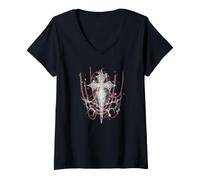 Femme Croix Gothique en chaînes Grunge Alt Emo T-Shirt avec Col en V