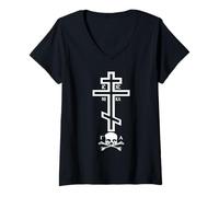 Femme Croix orthodoxe Orientale avec crâne d'Adam T-Shirt avec Col en V