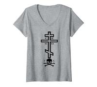 Femme Croix orthodoxe Orientale avec crâne T-Shirt avec Col en V